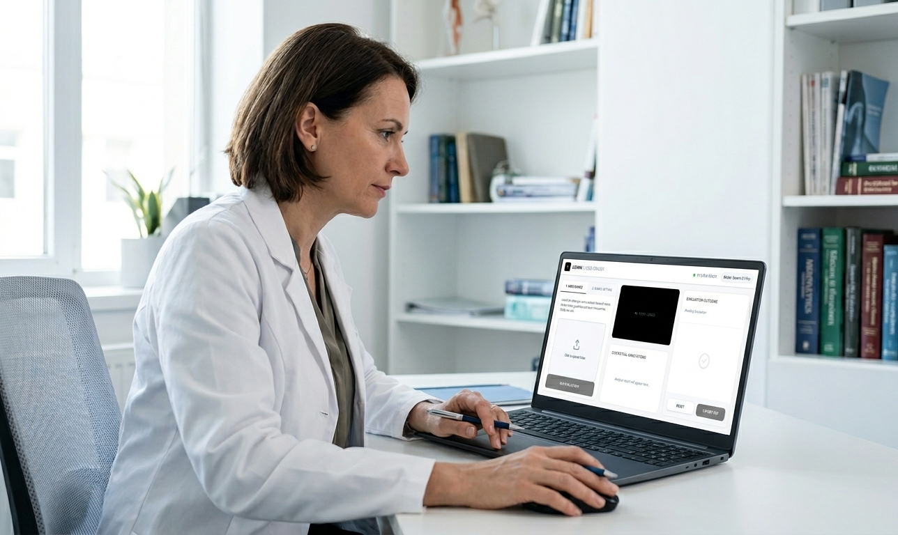 An evaluation dashboard showing student clinical interaction video recording, auto-generated transcript, and structured rubric grading sliders.