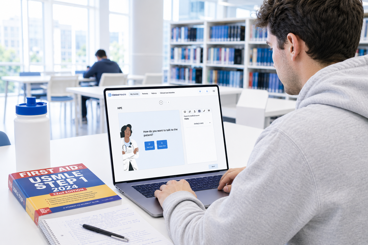 Interface mockup of ClinicalMind AI showing dynamic patient dialogue simulation with clinical feedback highlights.